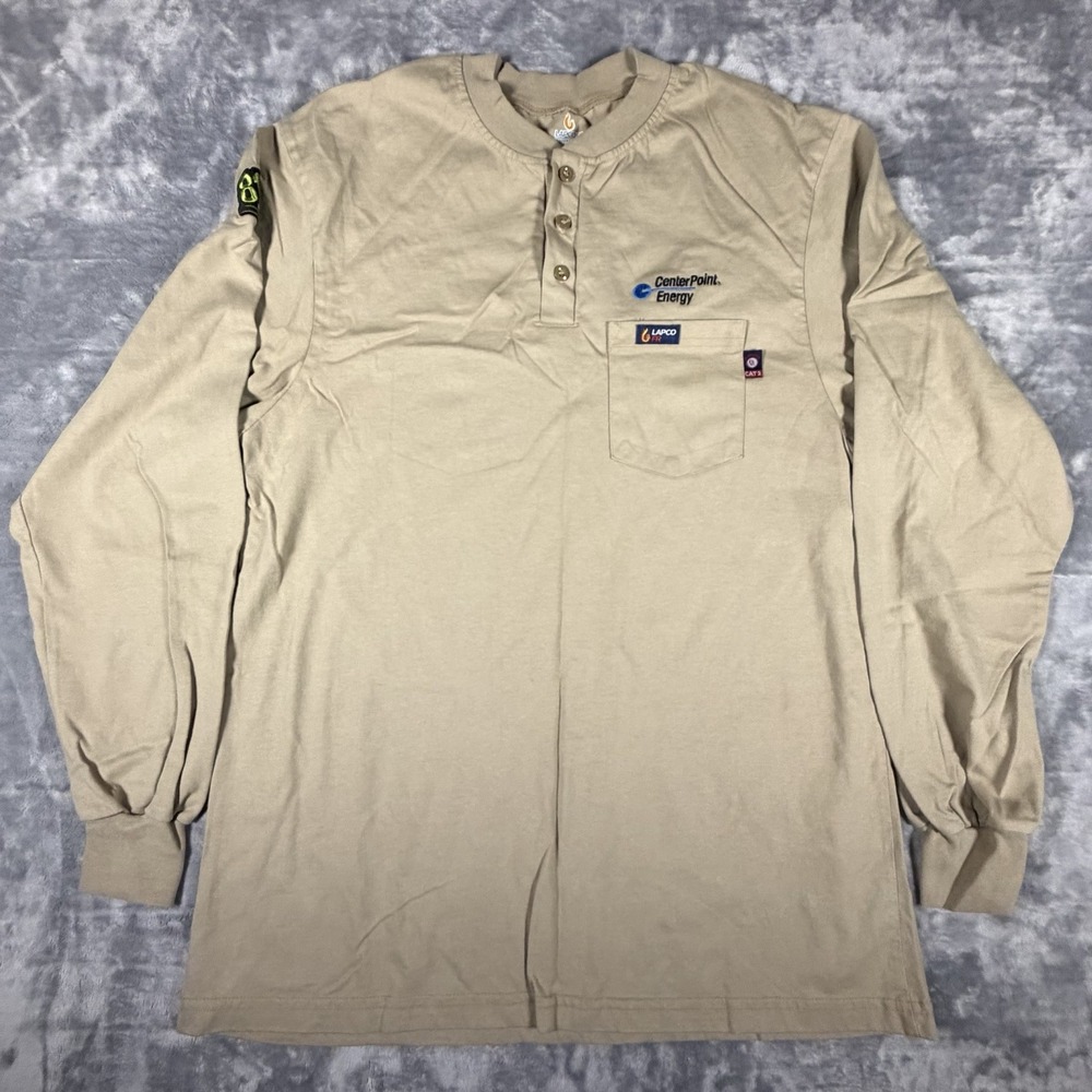 Lapco FR He Henley Shirt Men's Large Khaki Long Sleeve 7oz Jersey Knit HRC2 Weld